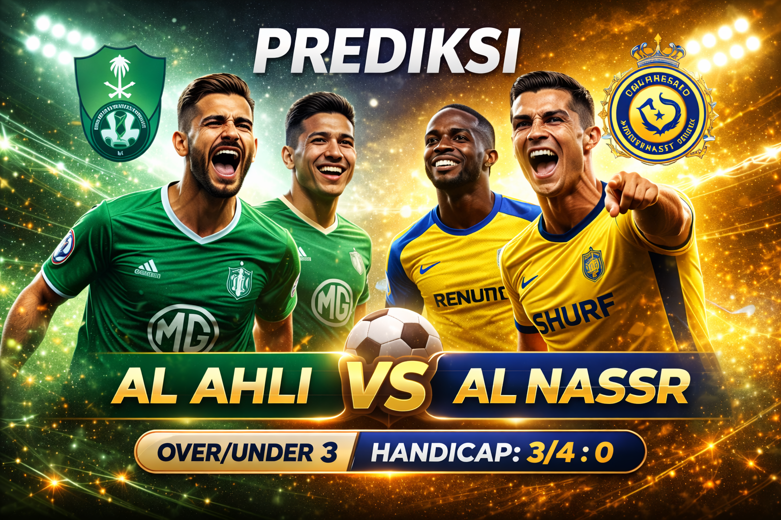 Pertandingan sepak bola Al Ahli melawan Al Nassr dengan nuansa stadion malam hari