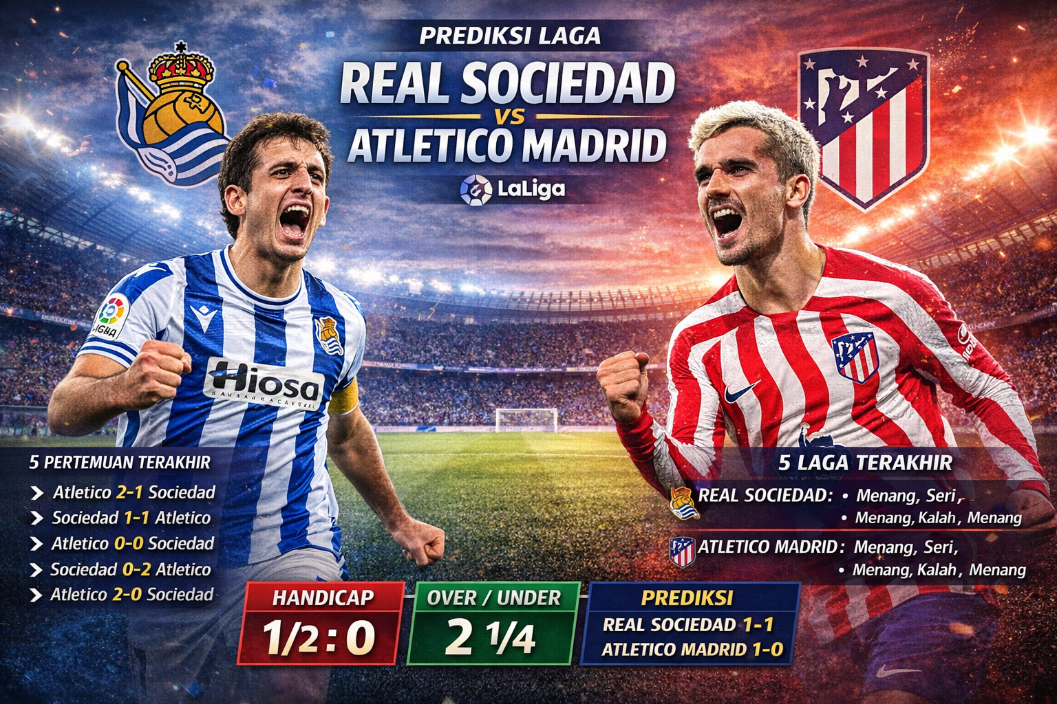 Prediksi Real Sociedad vs Atletico Madrid 5 Januari : Ambisi Los Rojiblancos Merebut Poin Maksimal
