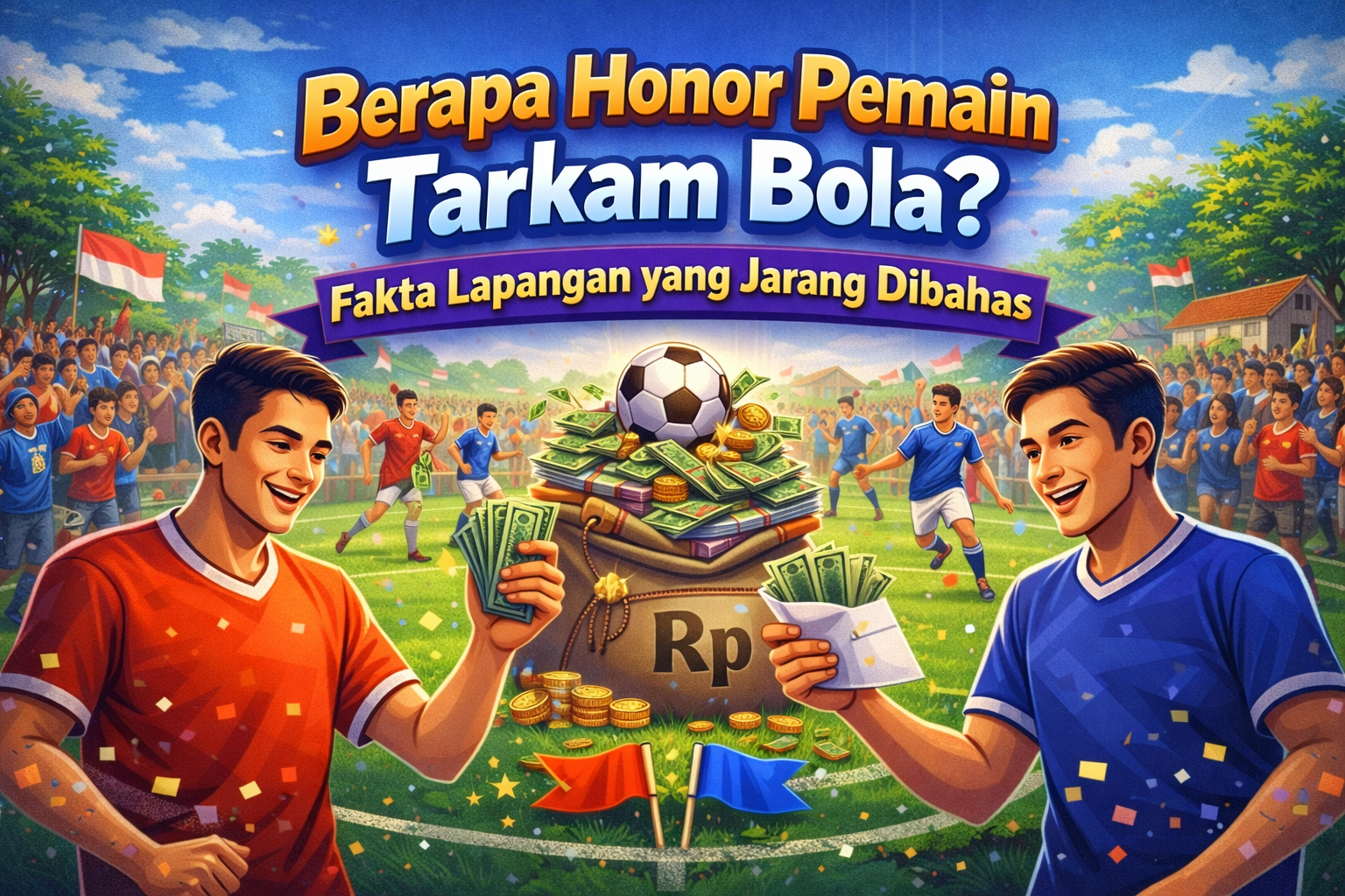 Pemain tarkam bola bertanding di lapangan desa dengan penonton warga sekitar
