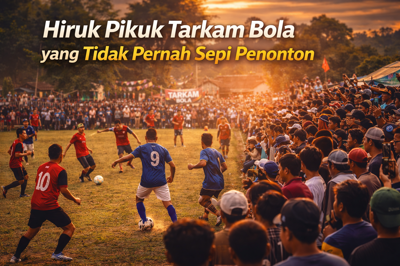 Hiruk pikuk pertandingan tarkam bola dengan lapangan desa yang dipenuhi penonton dari berbagai kalangan