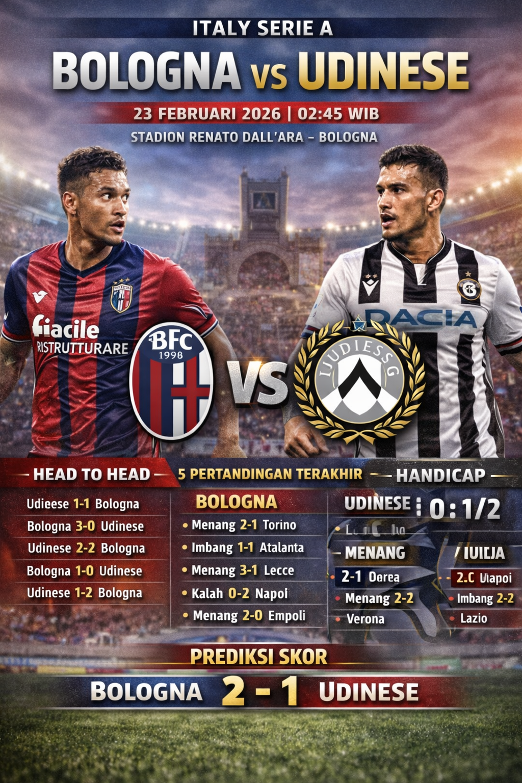 Prediksi Bologna vs Udinese : Saling sikut tim papan tengah Serie A