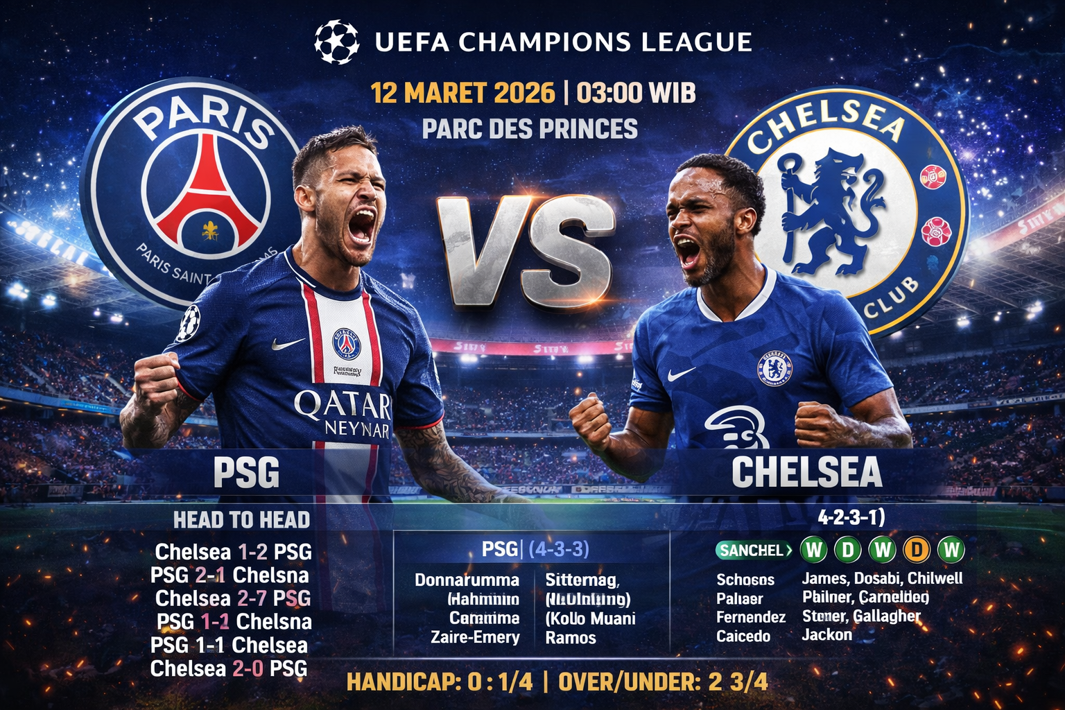 Prediksi PSG vs Chelsea 12 Maret 2026 : Pertarungan  sengit 2 Tim Kelas Dunia