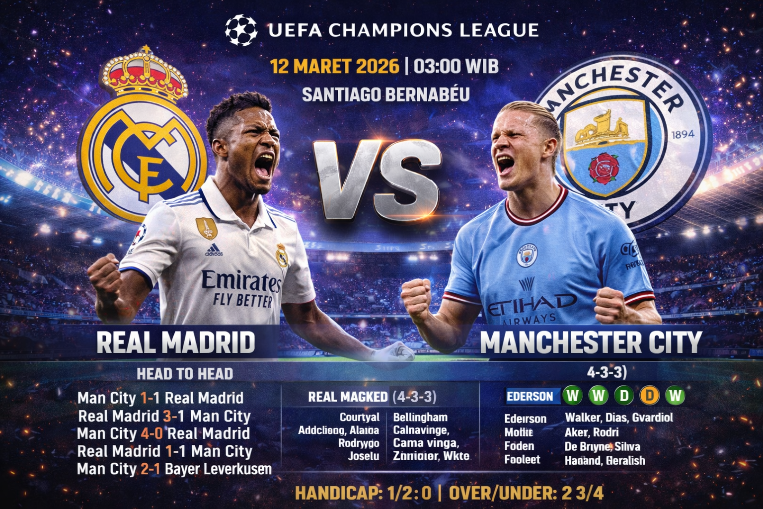 Prediksi Real Madrid vs Manchester City 12 Maret 2026 : Laga Super Big Match sesama kadidat kuat juara UEFA Champions League