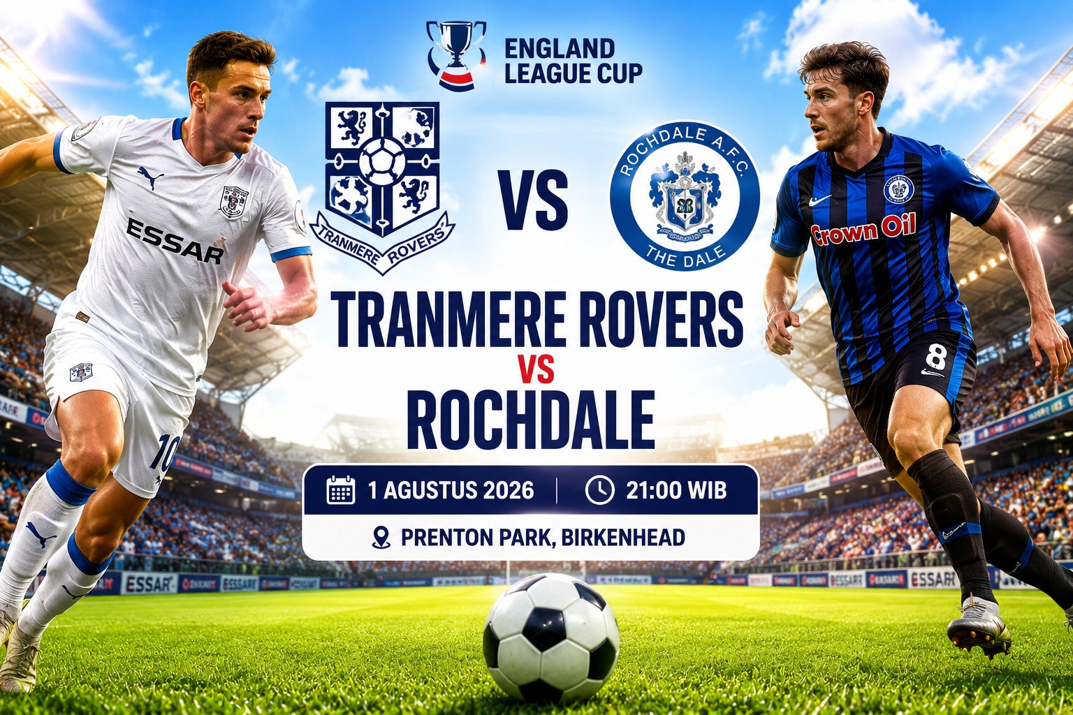 Prediksi Tranmere Rovers vs Rochdale 1 Agustus 2026 : Duel Ketat di Ajang England League Cup